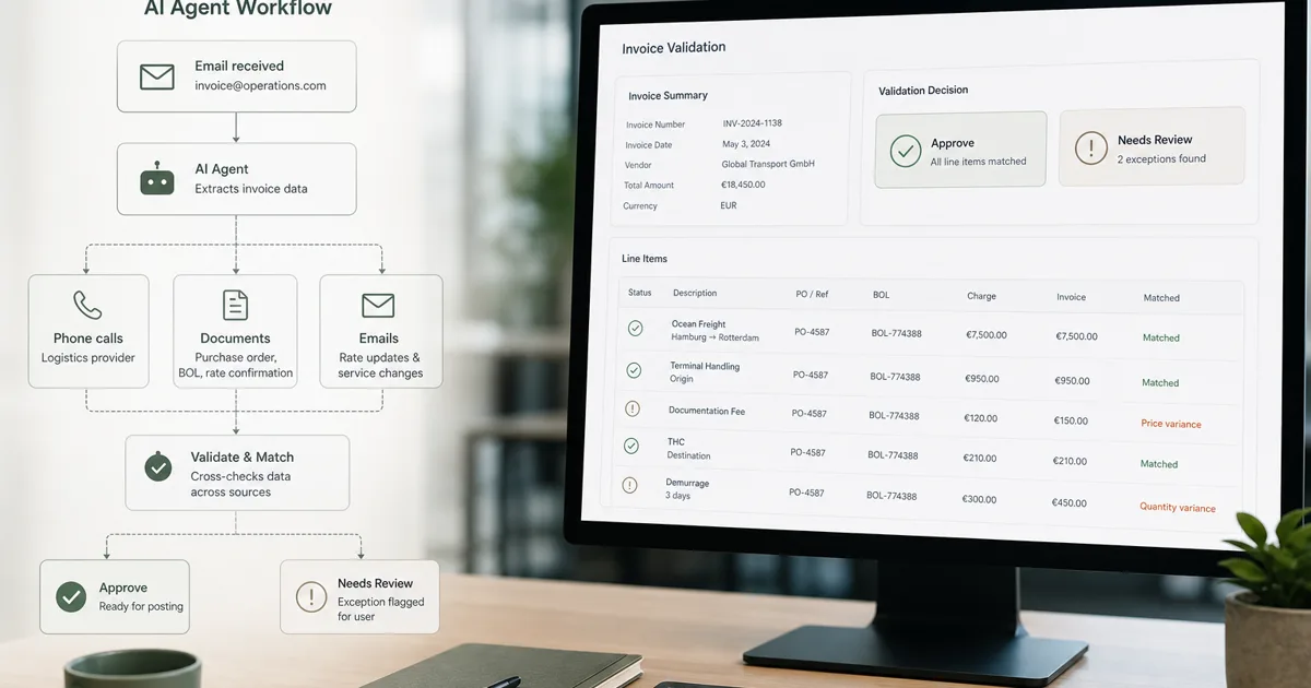 Logistics ops desk comparing AI agent workflows with freight invoice validation decisions