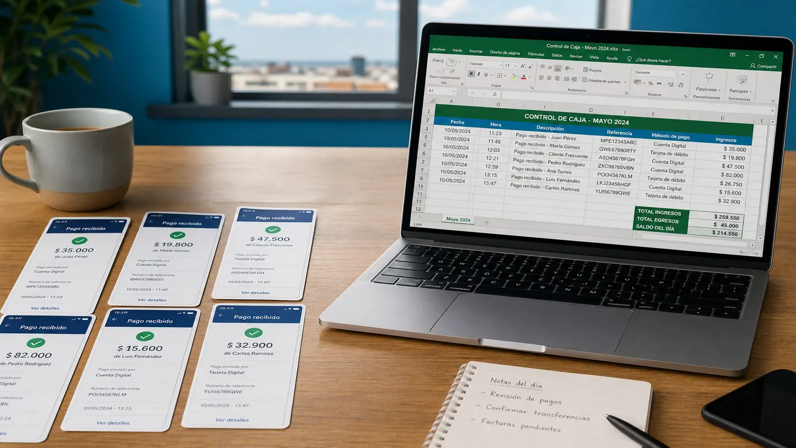 Business desk converting payment receipt screenshots into an Excel cash-control spreadsheet