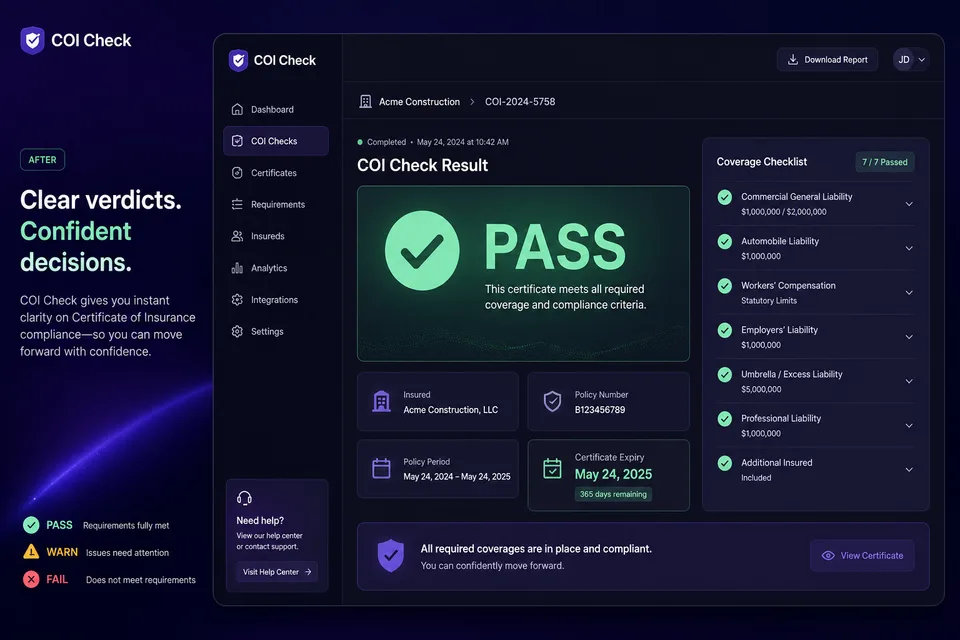 COI Check Pass verdict with coverage checklist