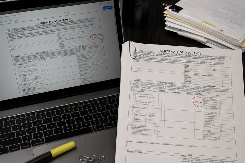 Certificate of Insurance PDF with circled expiration dates