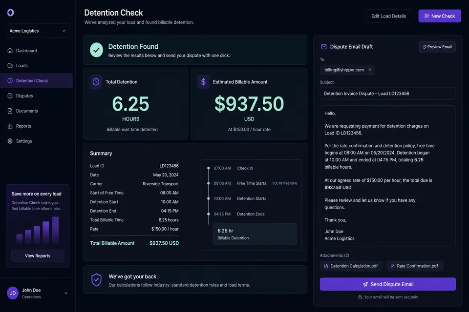 Detention Check result with billable hours dollars and dispute draft