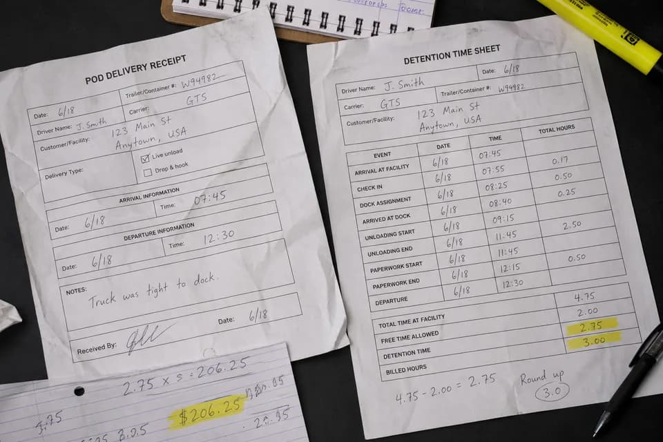 POD and detention timesheet with highlighted wait hours