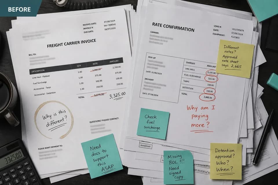Messy freight invoice and rate confirmation paperwork before audit