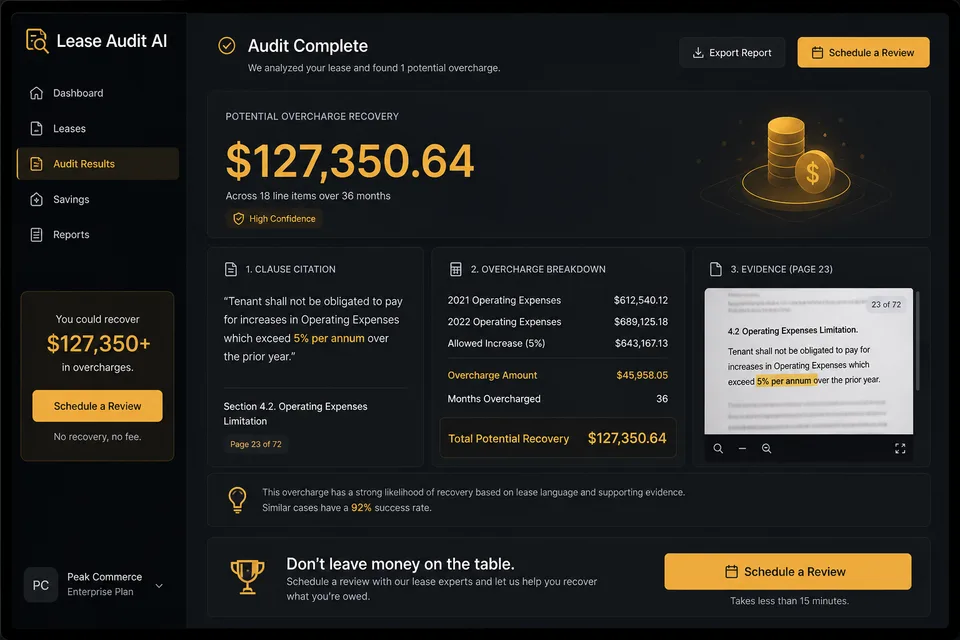 Lease Audit AI findings with recovery amount clause and page evidence