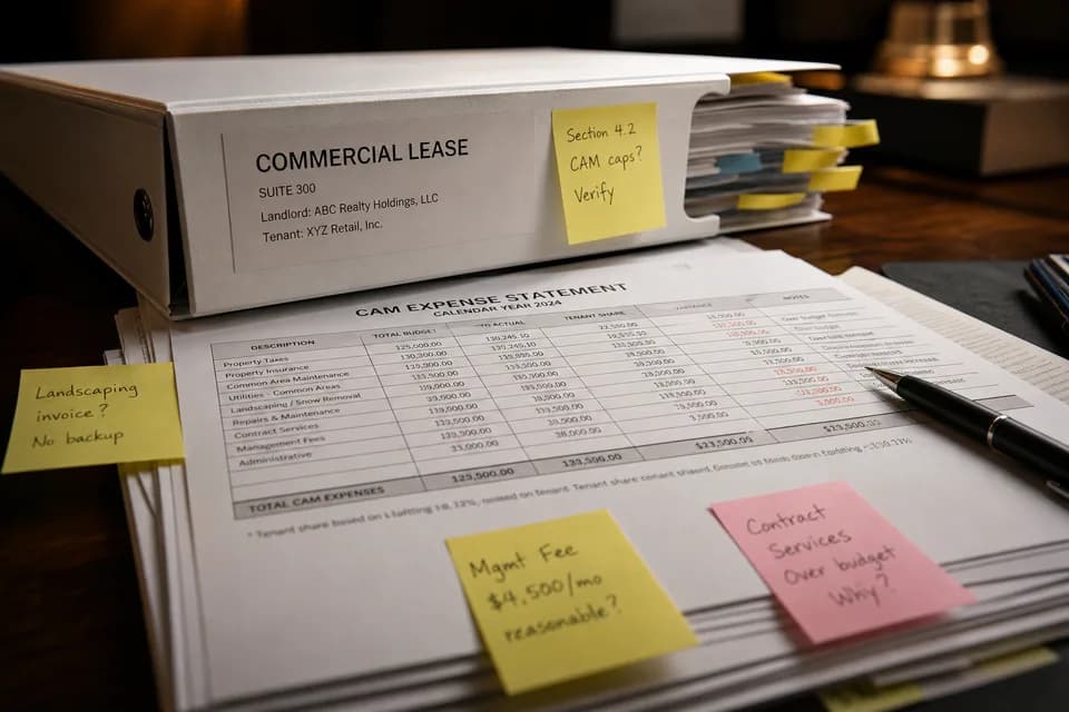 Commercial lease binder and CAM expense statement on a desk