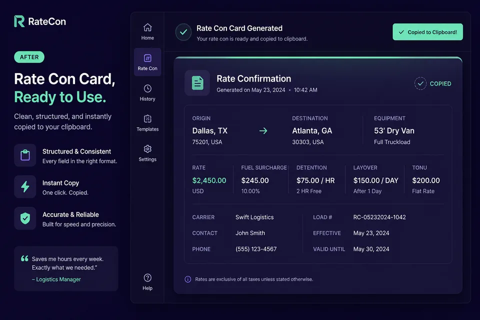Rate Con Card with structured fields ready to copy