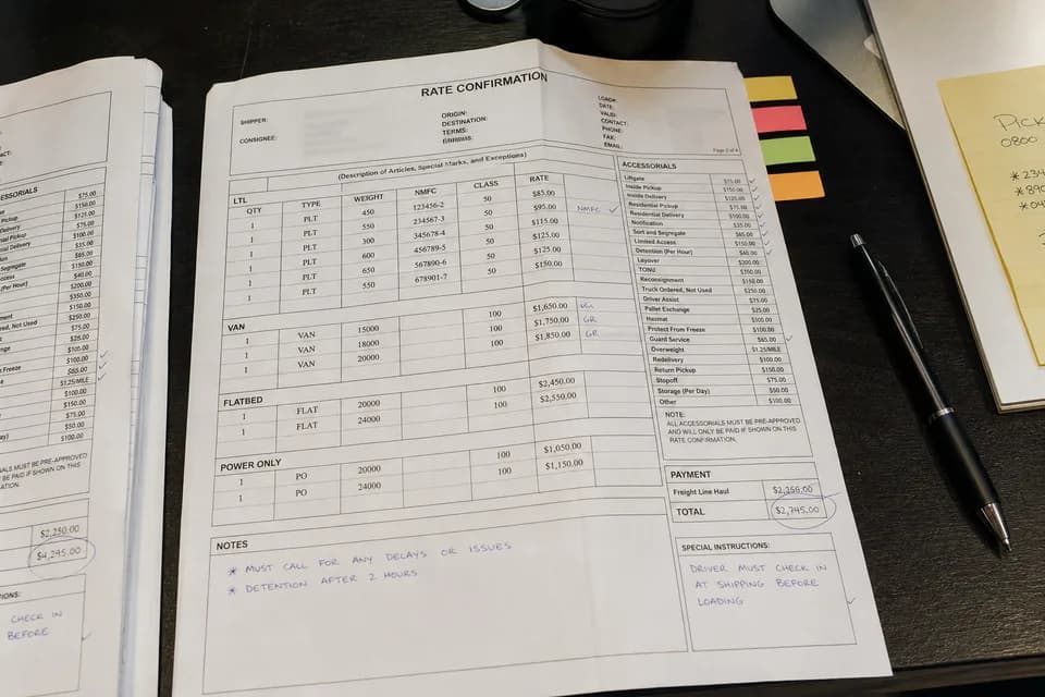 Dense rate confirmation PDF covered in sticky flags